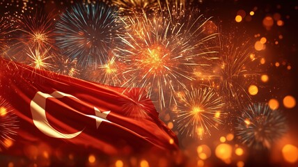 Turkey republic day celebration background with fireworks and waving turkish flag.