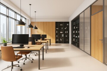 Fototapeta premium Modern office interior with natural light, wood elements, and black shelving units in a contemporary open-space design. Ai generative.