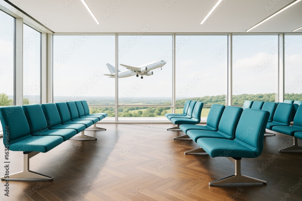 Poster modern airport terminal waiting area with empty teal seats and large windows showing airplane takeof