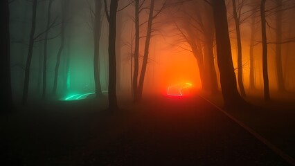 A mystical forest with two glowing paths diverging under golden hour light, creating an ethereal atmosphere.