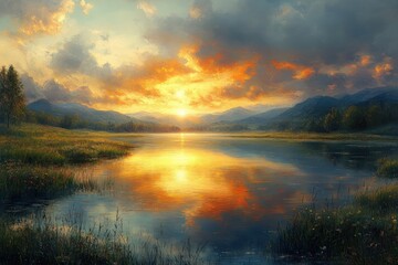 calm lake reflecting a vibrant sunset sky with golden clouds surrounded by grassy wetlands and distant mountains under a dramatic colorful sky