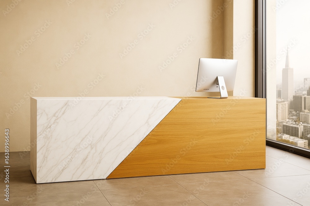 Poster modern reception desk with marble and wood finish in empty bright office interior with large window 