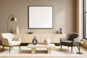 Contemporary living room with minimalist furniture, blank frame on wall, neutral tones and soft lighting in clean modern interior space.