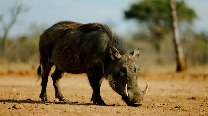 Fototapeta premium A Wild Warthog Grazing Peacefully on a Sunny African Savannah