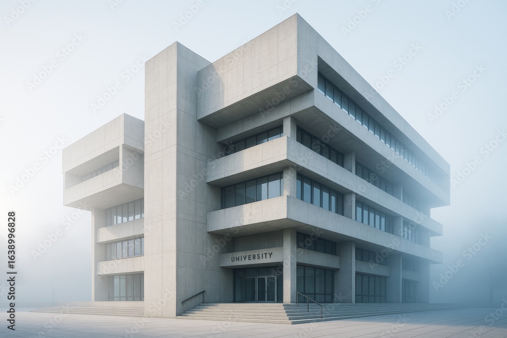 Poster modern brutalist university building with geometric design in foggy atmosphere and soft morning ligh