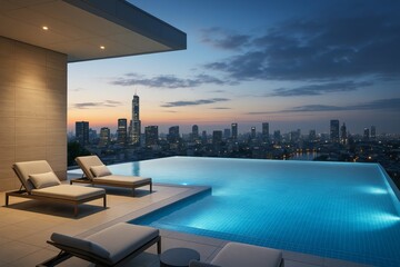 Fototapeta premium Luxurious rooftop infinity pool with lounge chairs overlooking illuminated city skyline at dusk under dramatic sky with soft ambient lighting. Ai generative