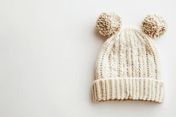Beige knitted beanie with oversized pom-poms