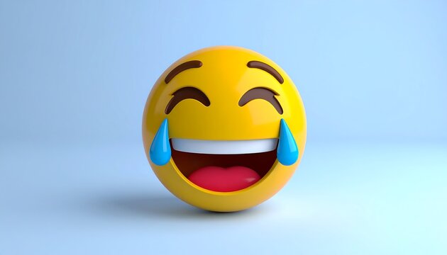 3D Yellow Emoji Face with Tears of Joy on Light Blue Background - Powered by Adobe