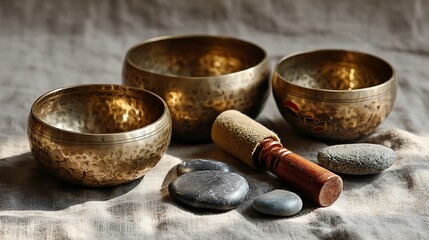 Singing Bowls with Mallet and Stones for Meditation and Relaxation