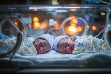 Newborn Twins Sleeping in Hospital Incubator