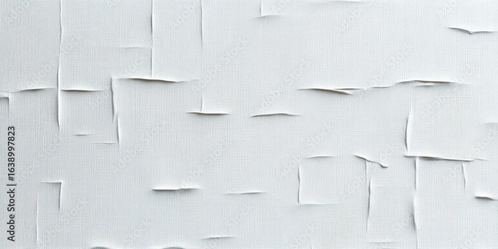 Poster close-up of a white textured canvas with irregular raised and torn areas showing layered fabric bene