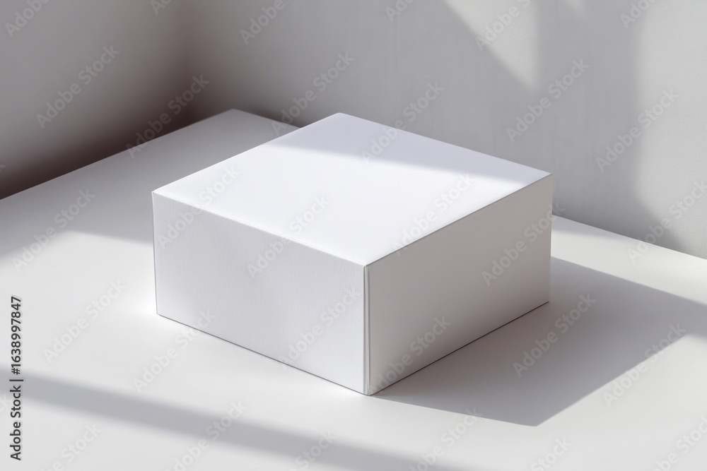 Poster minimalist white rectangular box placed on a smooth white surface with soft shadows from natural lig