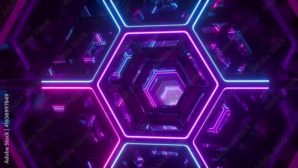 Aufkleber futuristic hexagonal tunnel with neon lights and geometric patterns