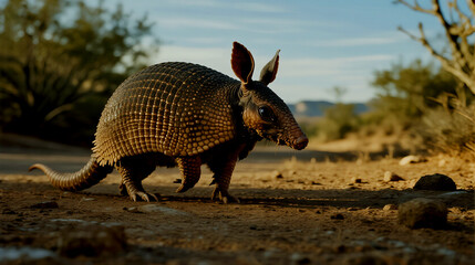 An Armadillo Forages Through A Dry Dusty Desert Landscape