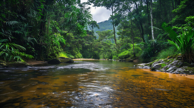 Serene Stream in Guaviare, Colombia. A tranquil stream surrounded by lush green foliage in Guaviare, Colombia, perfect for nature lovers and vacation adventures