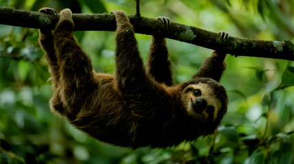 Fototapeta premium Adorable Three Toed Sloth Hanging Upside Down on a Branch in a Lush Rainforest
