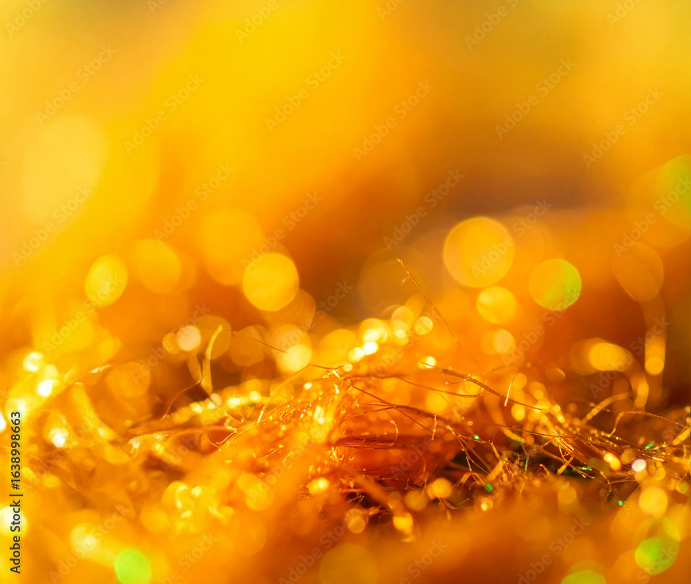 Poster a macro shot of a warm, golden fiber texture with subtle bokeh lights creating a sparkling and abstr