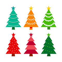 Christmas trees icon set isolated on white background. Cute Christmas trees with toys and snow. New year decorations. Vector ilustration.
