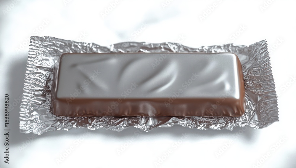 Poster smooth chocolate bar partially unwrapped on shiny silver foil with soft light and shadows