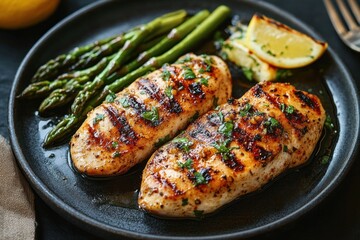 Grilled chicken breast served with roasted asparagus and lemon wedge on a black plate, garnished with fresh herbs, showcasing a healthy and flavorful meal