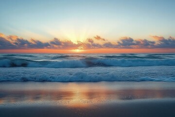 Fototapeta premium Serene ocean sunrise with calm waves gently rolling onto sandy beach under soft pastel sky
