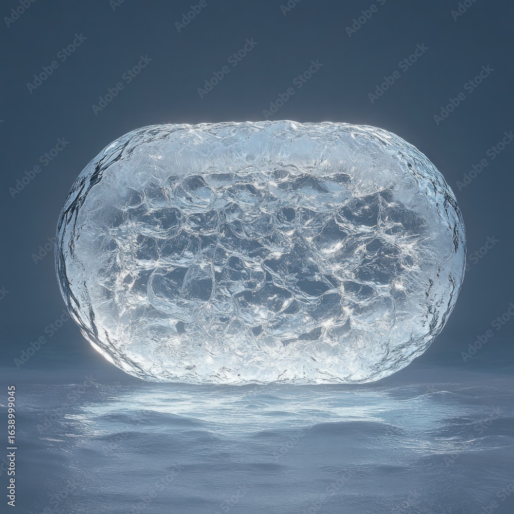 Poster close-up of a large, translucent, textured ice block glowing with soft light on a smooth icy surface