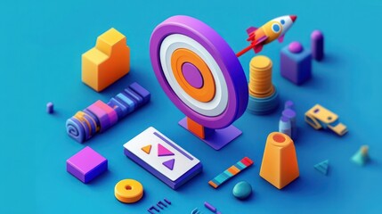 Colorful 3D abstract geometric shapes including a circular target, stacked coins, rocket, bars, and blocks arranged on a blue surface conveying creativity and playfulness