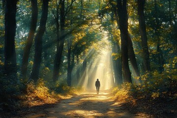 Obraz premium A solitary person walking along a forest path bathed in warm, golden sunlight filtering through tall trees, evoking a peaceful and contemplative mood