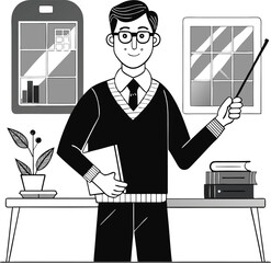 Teacher in classroom holding a pointer and book, monochrome line art vector illustration