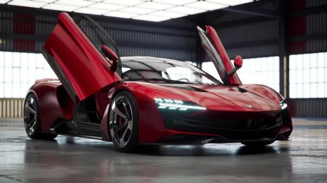 Sleek red concept hypercar with open butterfly doors presented in a spacious modern hangar.