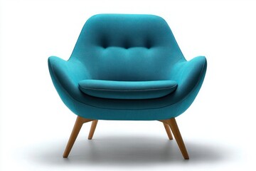 modern blue upholstered armchair with wooden angled legs isolated on white background
