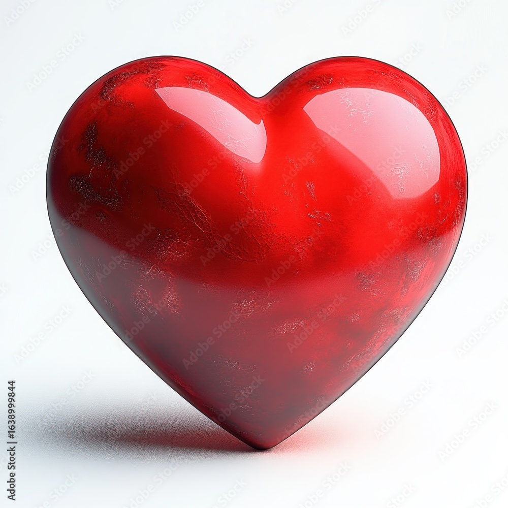 Poster shiny red heart-shaped object with reflective surface and textured details on a white background, sy