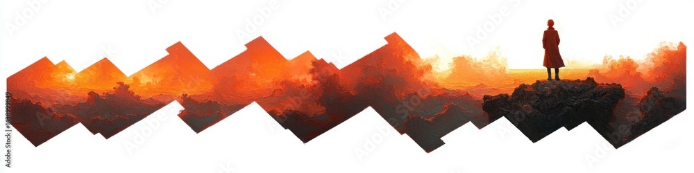 Poster silhouette of a person standing on rocky terrain overlooking a dramatic orange and red glowing sky w