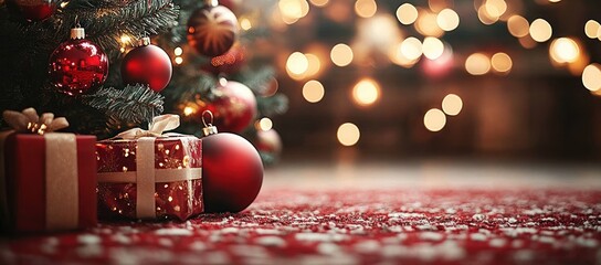 Close-up of decorated Christmas tree with red baubles and wrapped gifts on patterned carpet with warm blurred lights background creating festive atmosphere