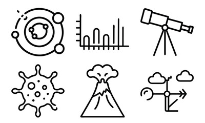 Science and Laboratory Line Icons Chemistry, Physics, Biology, Space, Robotics, Data, and Medical Vector Icon Set for Education, Research, and STEM Projects