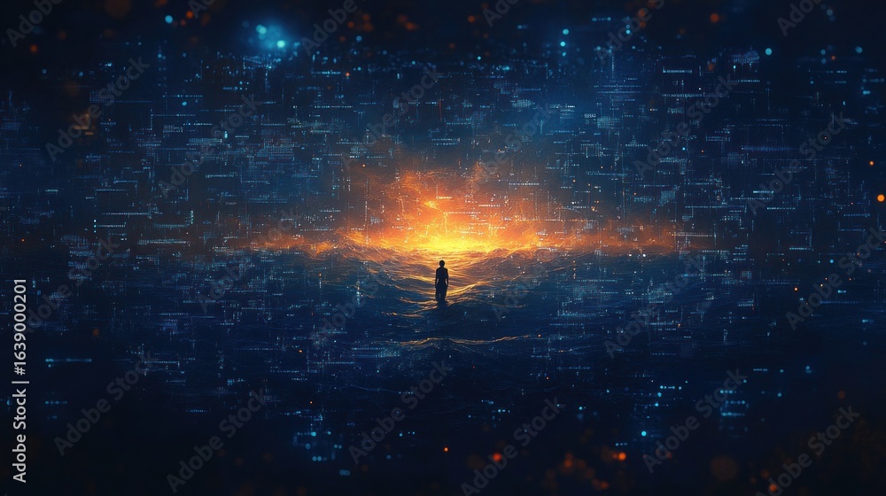 Aufkleber silhouette of a person standing in a glowing field of digital patterns and blue waves with an intens