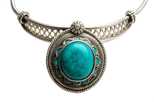 Silver choker necklace with oval turquoise gemstone pendant isolated on transparent background