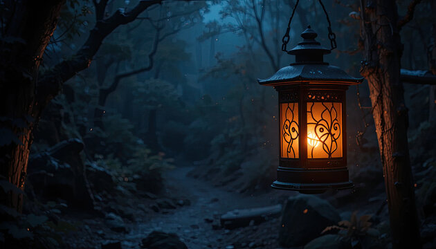 Mystical forest path illuminated by an antique lantern glowing warmly on a misty evening.