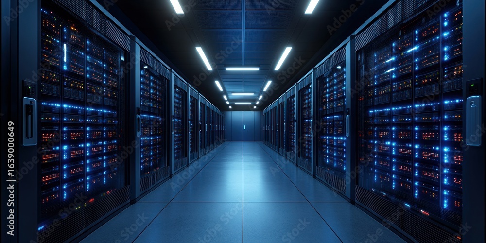 Poster modern server room with rows of black server racks illuminated by blue and red indicator lights unde