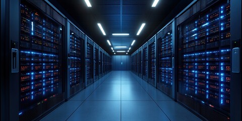 Modern server room with rows of black server racks illuminated by blue and red indicator lights under ceiling fluorescent lighting