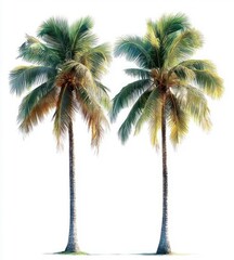 Obraz premium Two tall palm trees with lush green and yellow fronds standing side by side on a bright white background evoking a tropical and serene atmosphere