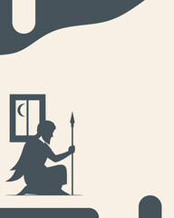 Minimalist vector illustration of a kneeling warrior holding a spear by a window with a crescent moon, symbolizing vigilance, courage, and the spirit of independence.
