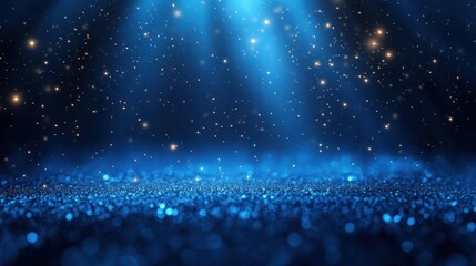 Obraz premium Bright blue glowing particles and sparkling lights create a mystical and dreamy atmosphere with scattered golden stars on a dark background