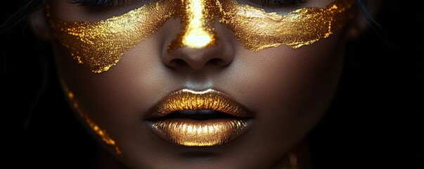 Close-up of a face with metallic gold paint on lips, nose, cheeks, and under eyes against a black background, evoking elegance and mystery