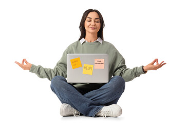 Young woman with laptop meditating on white background. Time management concept