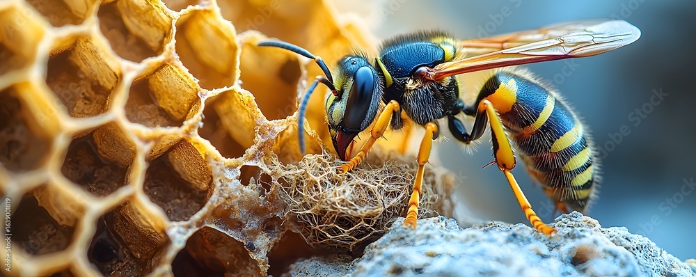 Aufkleber wasp constructing its nest on a dry cliff showcasing perseverance in harsh conditions