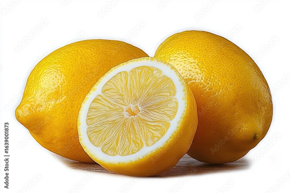 Poster three ripe yellow lemons with one lemon sliced in half displaying juicy segments on a white backgrou