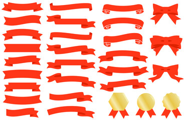 赤色のリボン・バナー・ロゼット素材セット｜かわいい装飾パーツと飾り枠のベクターデザイン