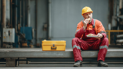 factory worker eating lunch from lunchbox on bench
