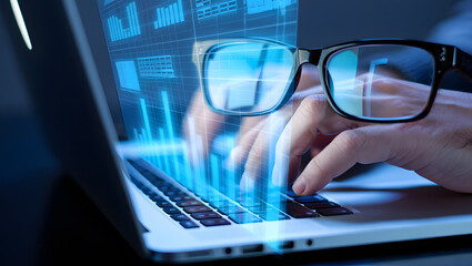 Data entry professional working late, laptop glowing blue, charts and graphs overlay, serious mood, modern technology.